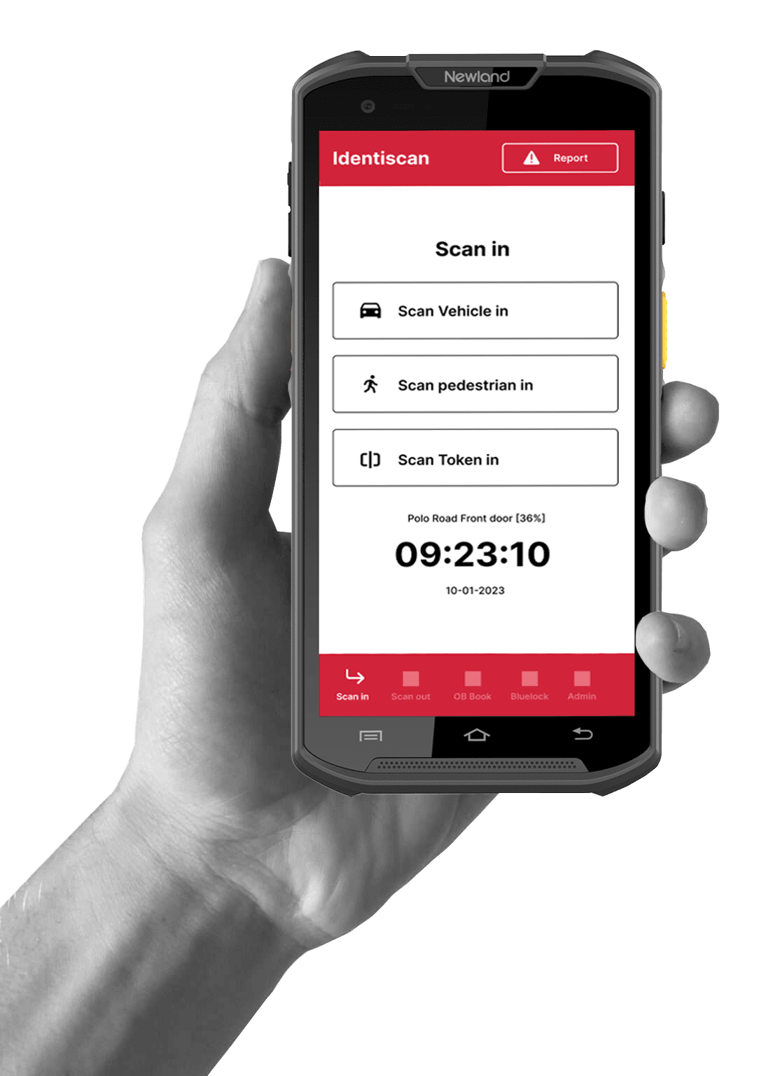 Hand holding the Identiscan MT93 mobile visitor identification device