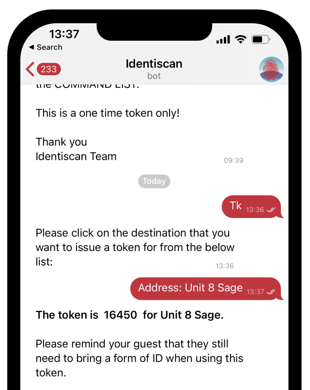 Identiscan token bot conversation